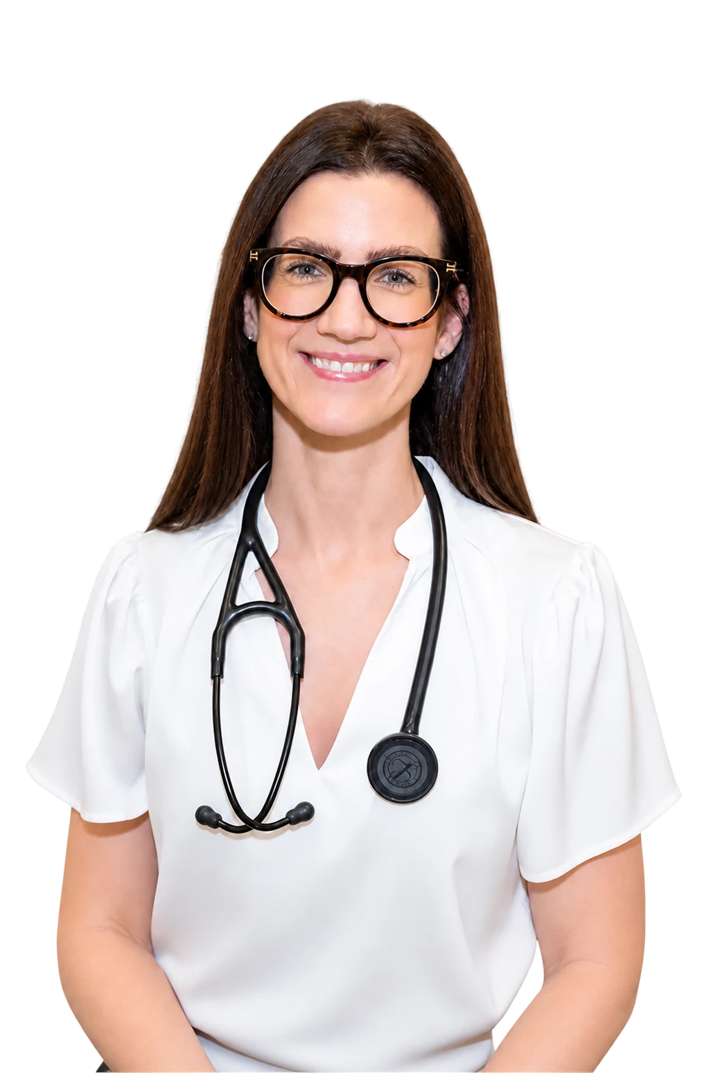 Dr Aileen smiling in a white medical top with a stethoscope